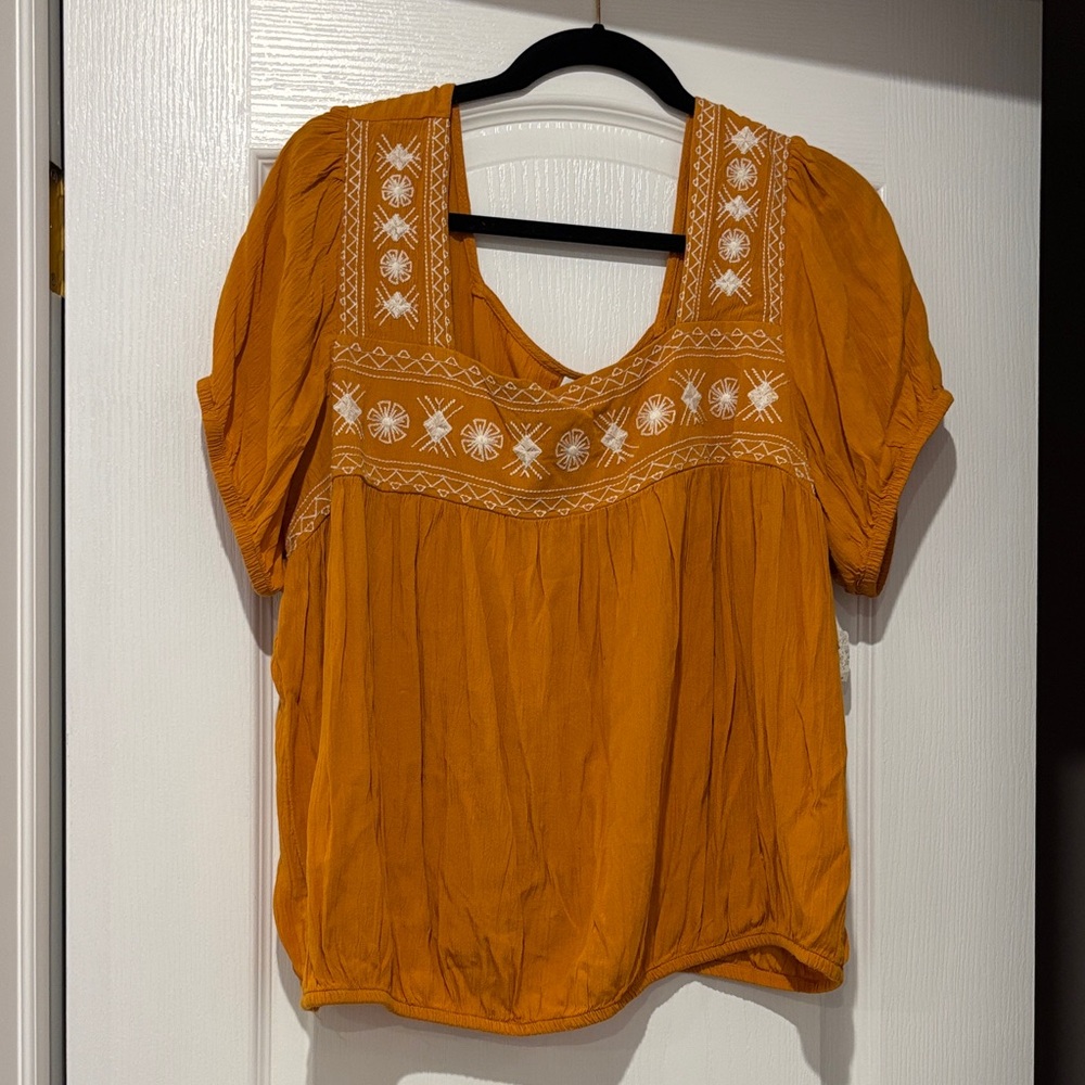 Mudd Orange Blouse with White Embroidery